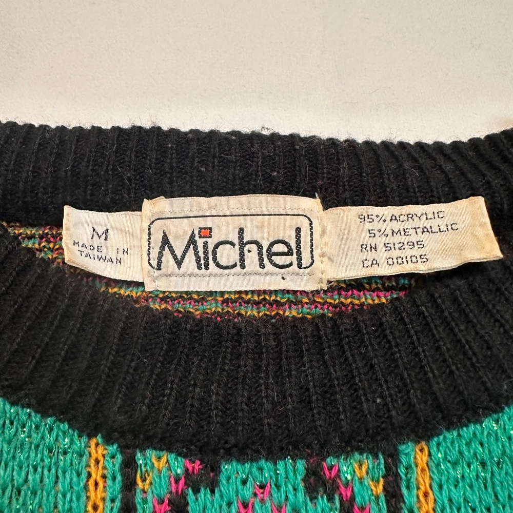 Michel | Vintage 1990s Cropped Metallic Geometric Knit Sweater | Jewel Tone | M - Picture 2 of 9